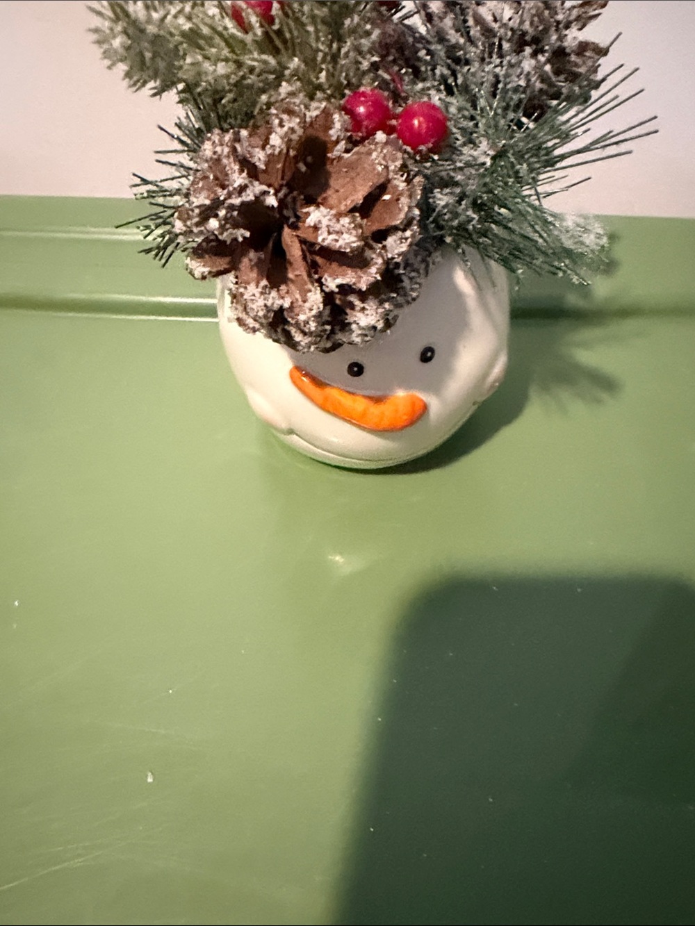 Festive Snowman Ceramic Planter with Pine & Berries - White